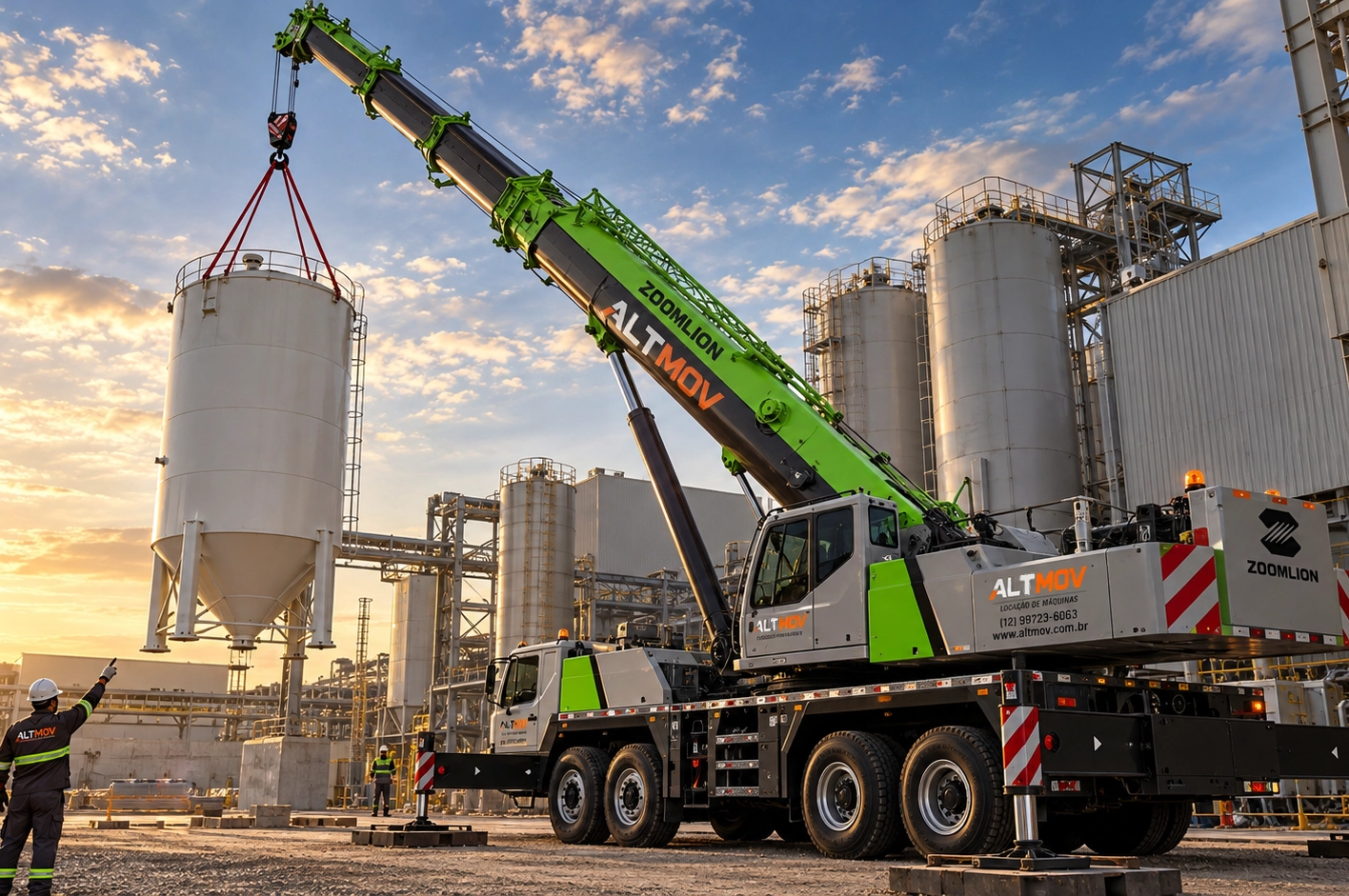 Guindaste em operação para içamento e movimentação de silos e tanques